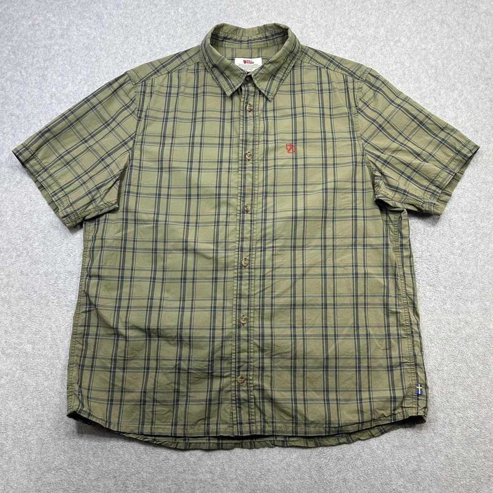 Fjallraven Ovik Lite Shirt Mens Medium Green Plaid Short Sleeve Button Front